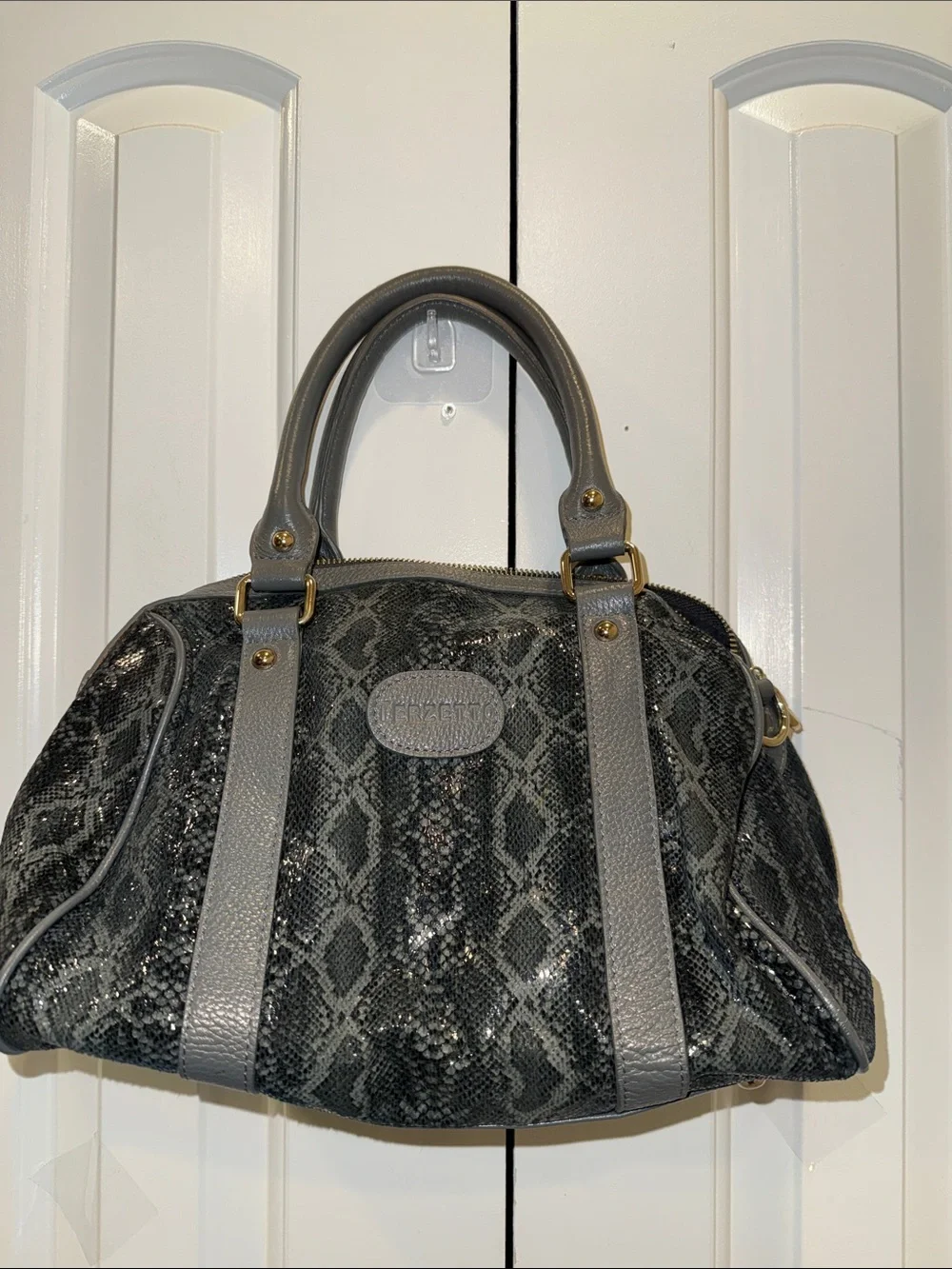 Terzetto‎ Gray Snake-Print Satchel with Gold Hardware